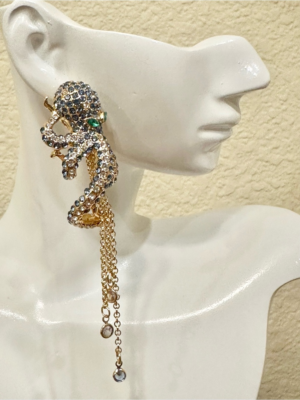 Gold Plated Purple Crystal Octopus Dangle Earrings w/Green Accents-High Quality